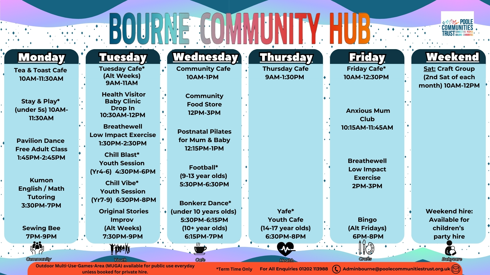 Cafe TV Updated 120925 (2) An image showing the schedule of activities and classes at the Bourne Community Hub