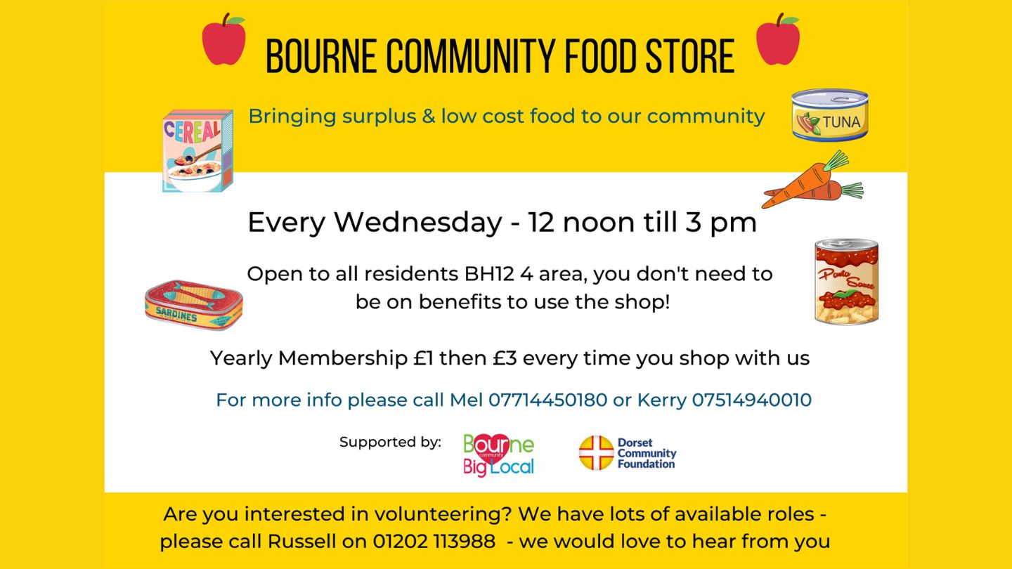 Cafe TV Updated 120925 (3) An image going over the Bourne Community Food store showing that it is open Wednesdays 12 noon until 3 PM. A yearly membership is just £1 then £3 each time you shop with us. This is available to anyone in the BH12 4 area.