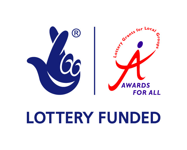 The logo for the national lottery fund. It features a blue hand with cross fingers and a smile next to a logo for awards for all. This features a large stylised capital A with a blue dot above.