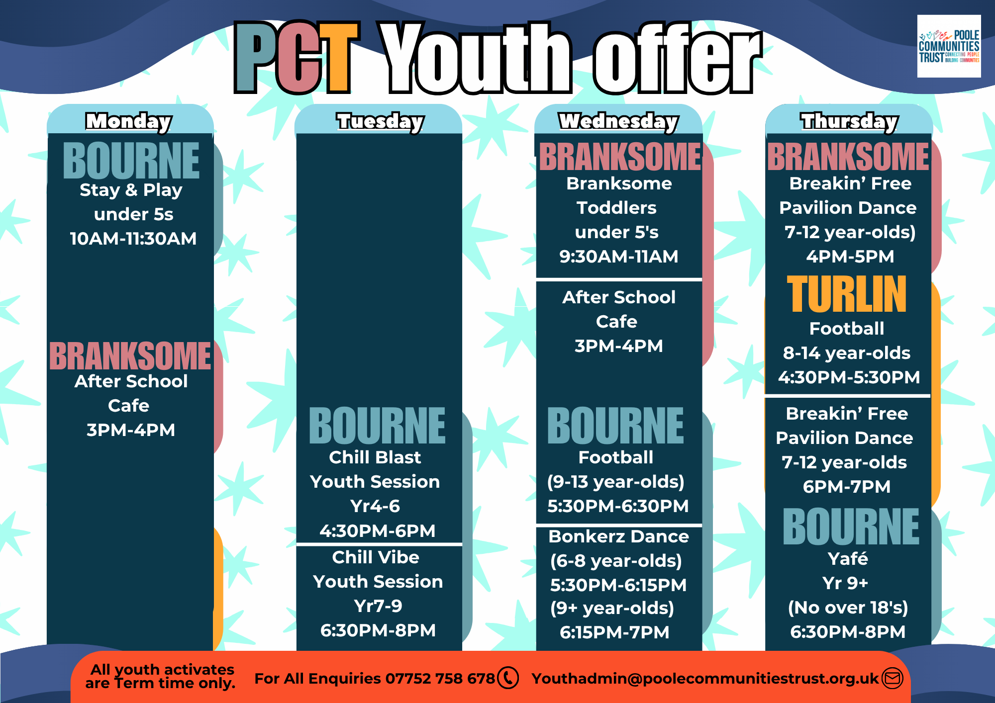 Youth What's on (4 website) (1) A whats on poster to show the Poole Communities Trust Youth offer which shows the following: Monday Stay & Play under 5 softplay from 10 am till 11:30am at Bourne and an After School Cafe from 3 till 4pm at Branksome. Tuesday: Chill Blast and Chill Vibe youth sessions for children in years 4-6 from 4:30-6pm and years 7-9 from 6:30 till 8pm. Wednesday has Branksome toddlers which is soft play for under 5's from 9:30 - 11am at Branksome plus their afterschool cafe from 3-4pm. At Bourne they have Football for children aged 9-13 from 5:30 till 6:30pm and 2 dance sessions wiht years 6-8 being 5:30 till 6:15 then years 9+ from 6:15 till 7pm. Thursday we have dance at Branksome for 7-12 year olds from 4 till 5pm, Turlin moor has childrens football for ages 8-14 from 4:30 - 5:30pm and Dance for 7-12 year olds at 6pm-7pm. Finally they have Yafe, a youth cafe for under 18's at Bourne from 6:30-8PM