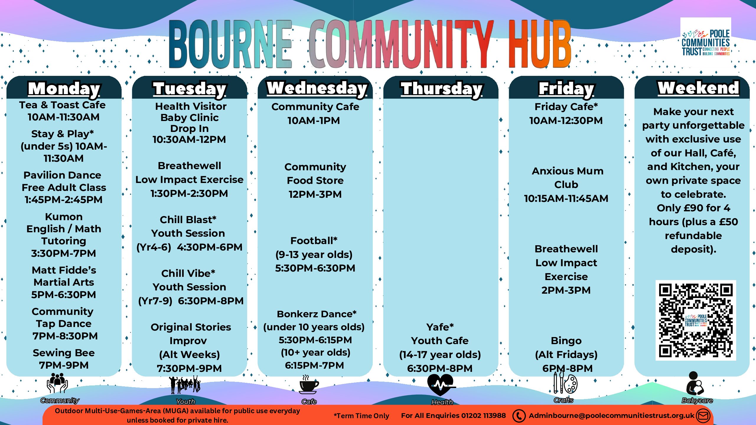 An image showing the schedule of activities and classes at the Bourne Community Hub
